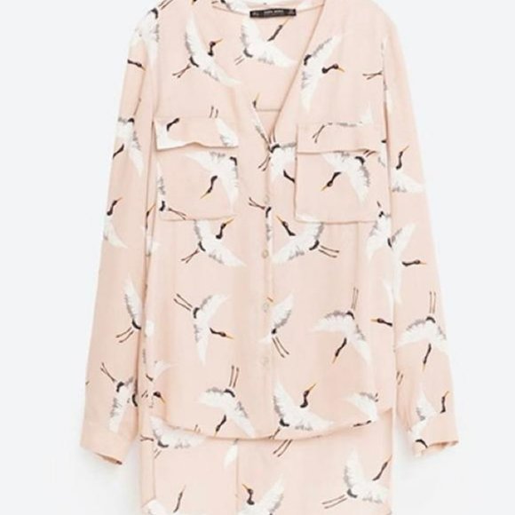 Zara Basics Crane Print Blouse Open Back Button Up Top - Picture 3 of 9